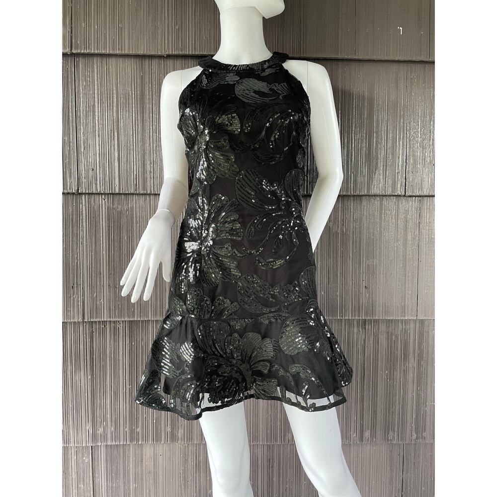 🔥Gianni Bini Sequins Halter Floral Ruffled Mini Black Dress Glam Party Cocktail